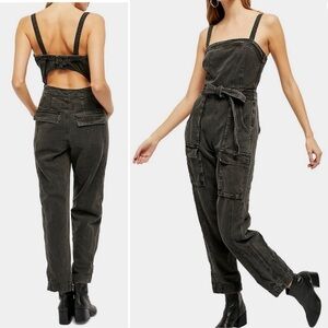 Free People Go West Tie Waist Utility Jumpsuit/Overalls Sz XS Washed Black Cargo